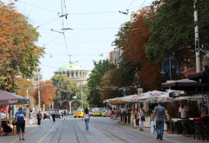 Coffee houses line up on both sides of the pedestrian Vitoshka Street in the center of Sofia (Photo courtesy of Sandra Ionescu)